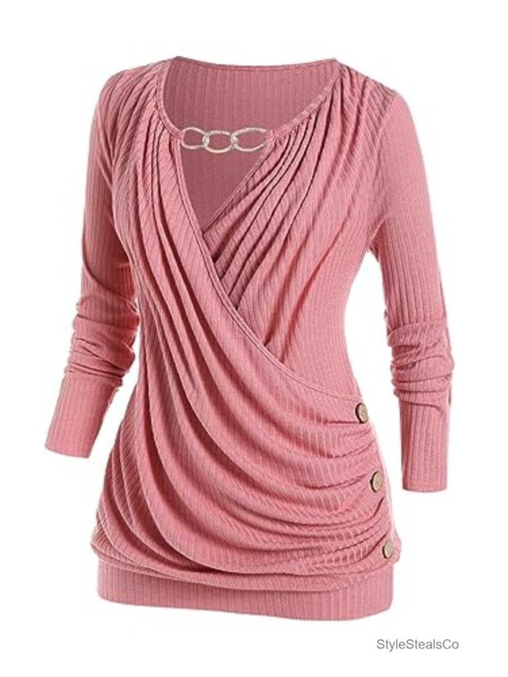Plus Size Ribbed Wrap Long Sleeve Blouson Top